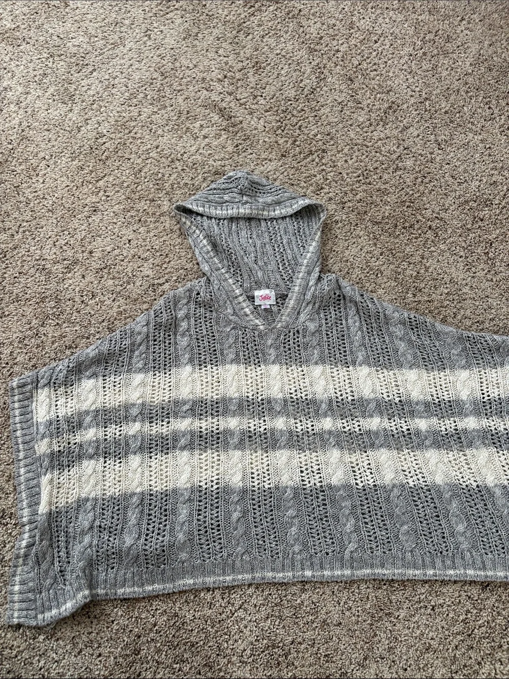 Girl's Hooded Knit poncho in Gray and Cream